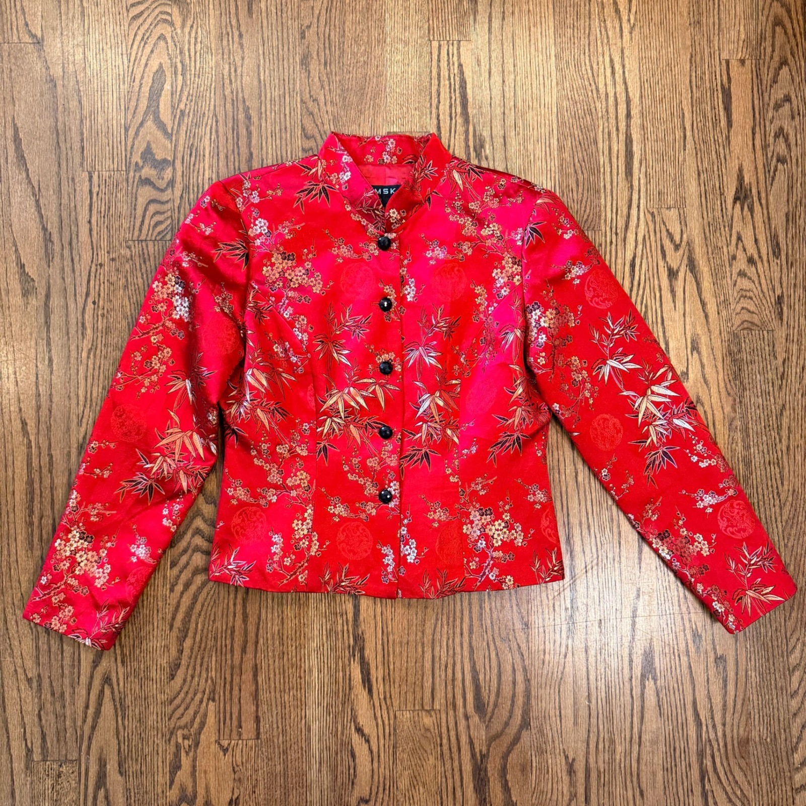 MSK Silk Blend Asian Inspired Floral Bamboo Jacquard Mandarin Jacket 8 Red