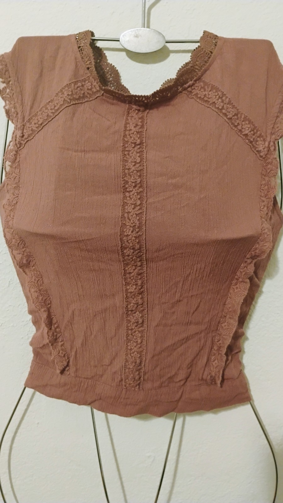 Self Esteem Brown Lace Trim Tie-Front Short Sleeve Blouse Womens M