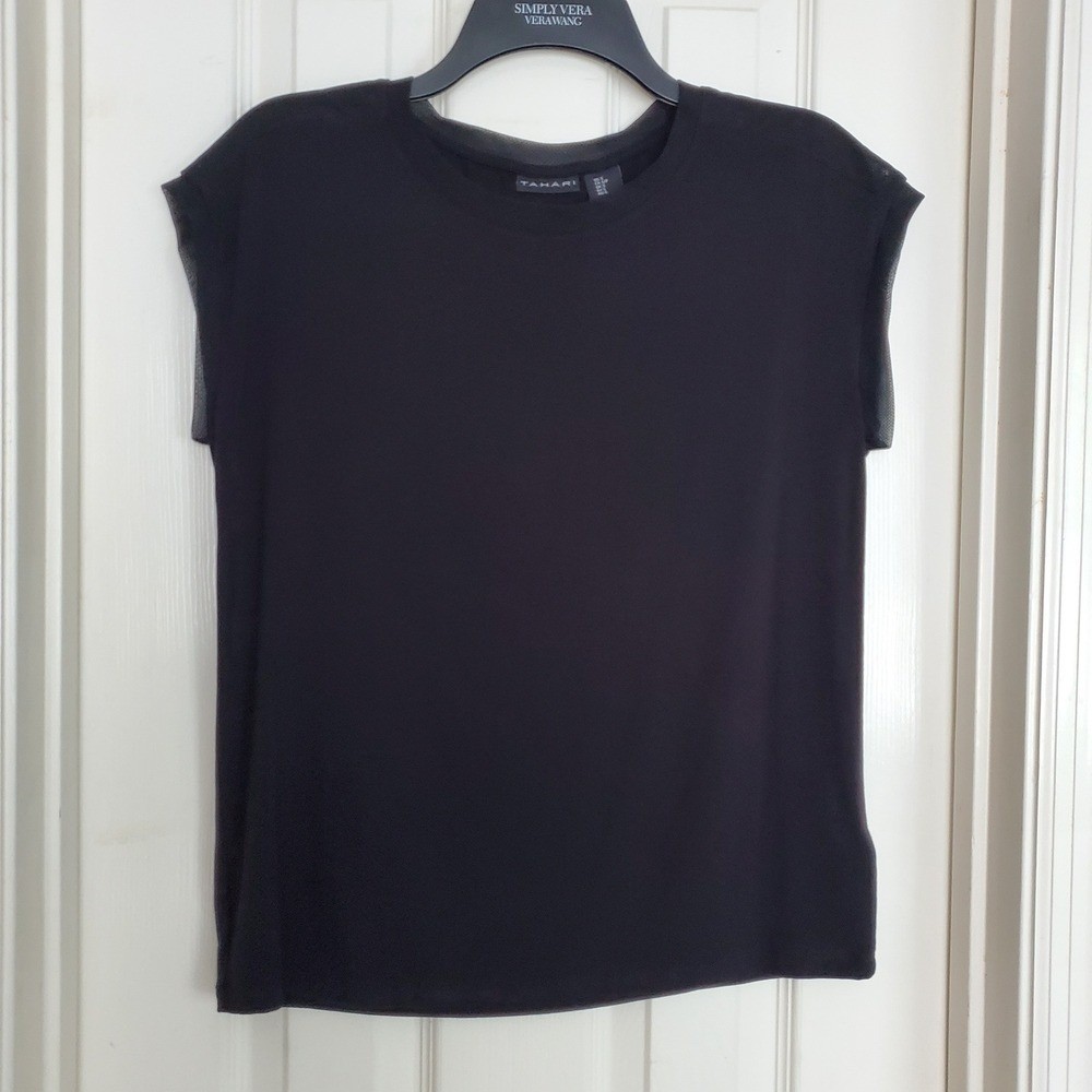 Tahari Black Dressy Career Mesh Sleeve Elevated Basic Sm