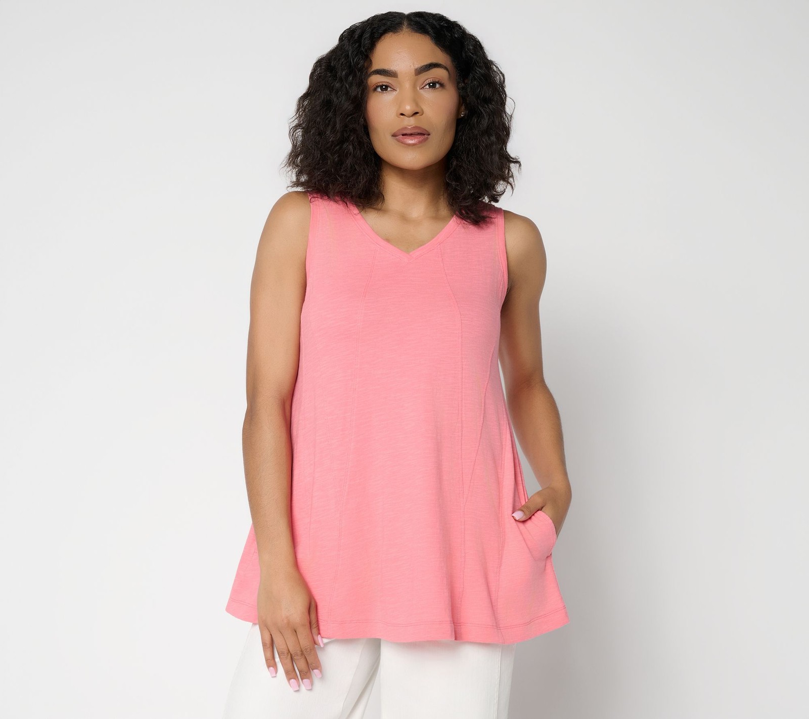 LOGO by Lori Goldstein 100% Cotton V-Neck Seamed Tank Peach Blossom S New