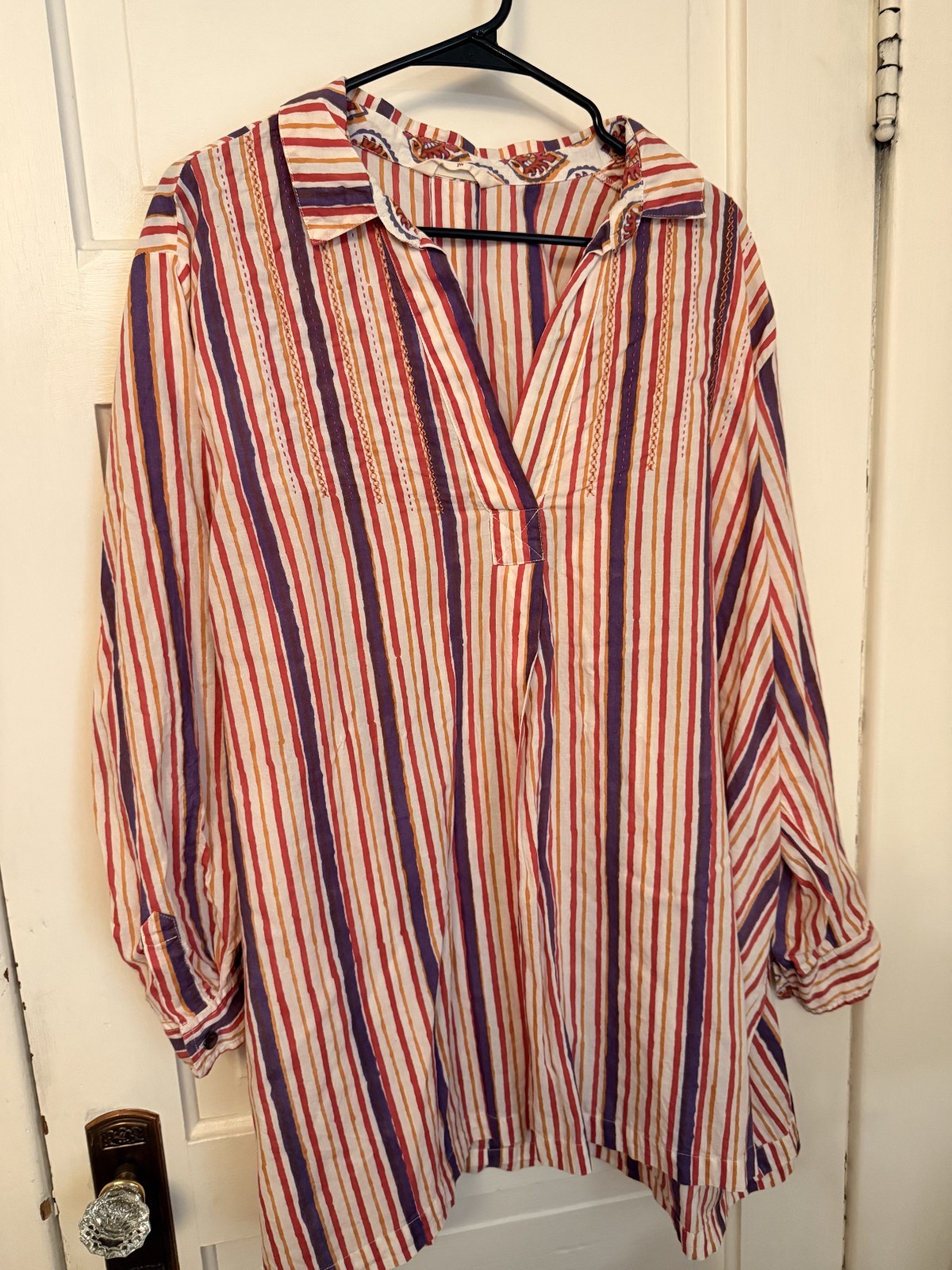 Marketplace Handiwork of India Purple Red White Embroidered Striped Tunic 2W