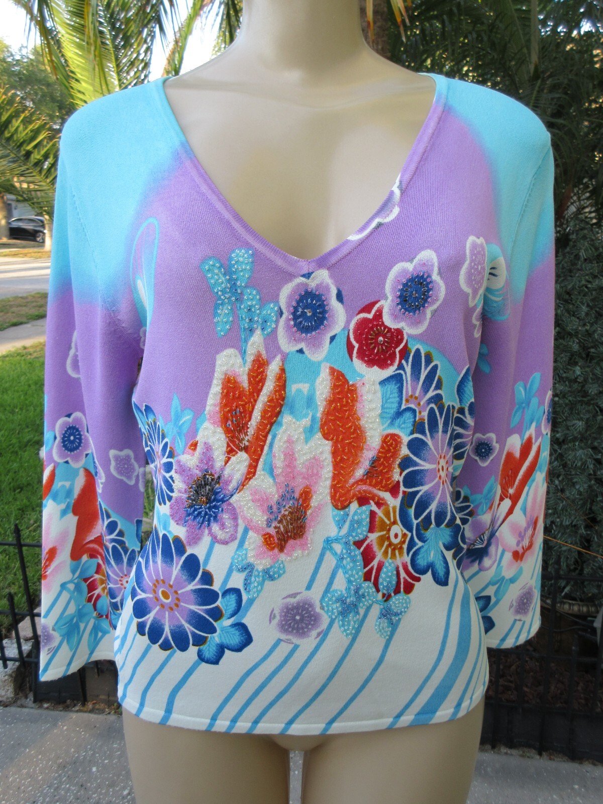 Michelle Nicole M Embellished Floral V-Neck Knit Top Purple Blue Multicolor -New