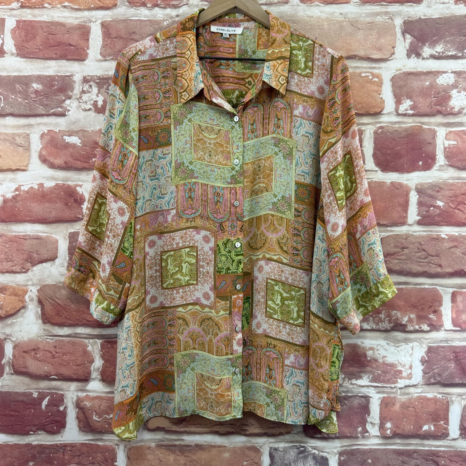 Rose + Olive Top Womens 2X Multicolor Boho Floral Abstract Patchwork Shirt