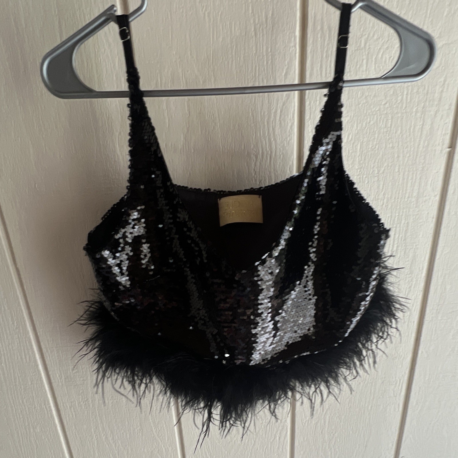 Judith March Black Sequin Feather Trim Bralette Bra Top Size S CT3681