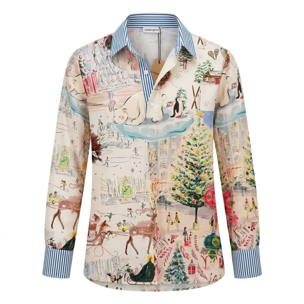 NEW Cherry Betty XL Creme Winter Scene Shirt Polar Bear Penguin Novelty Holiday