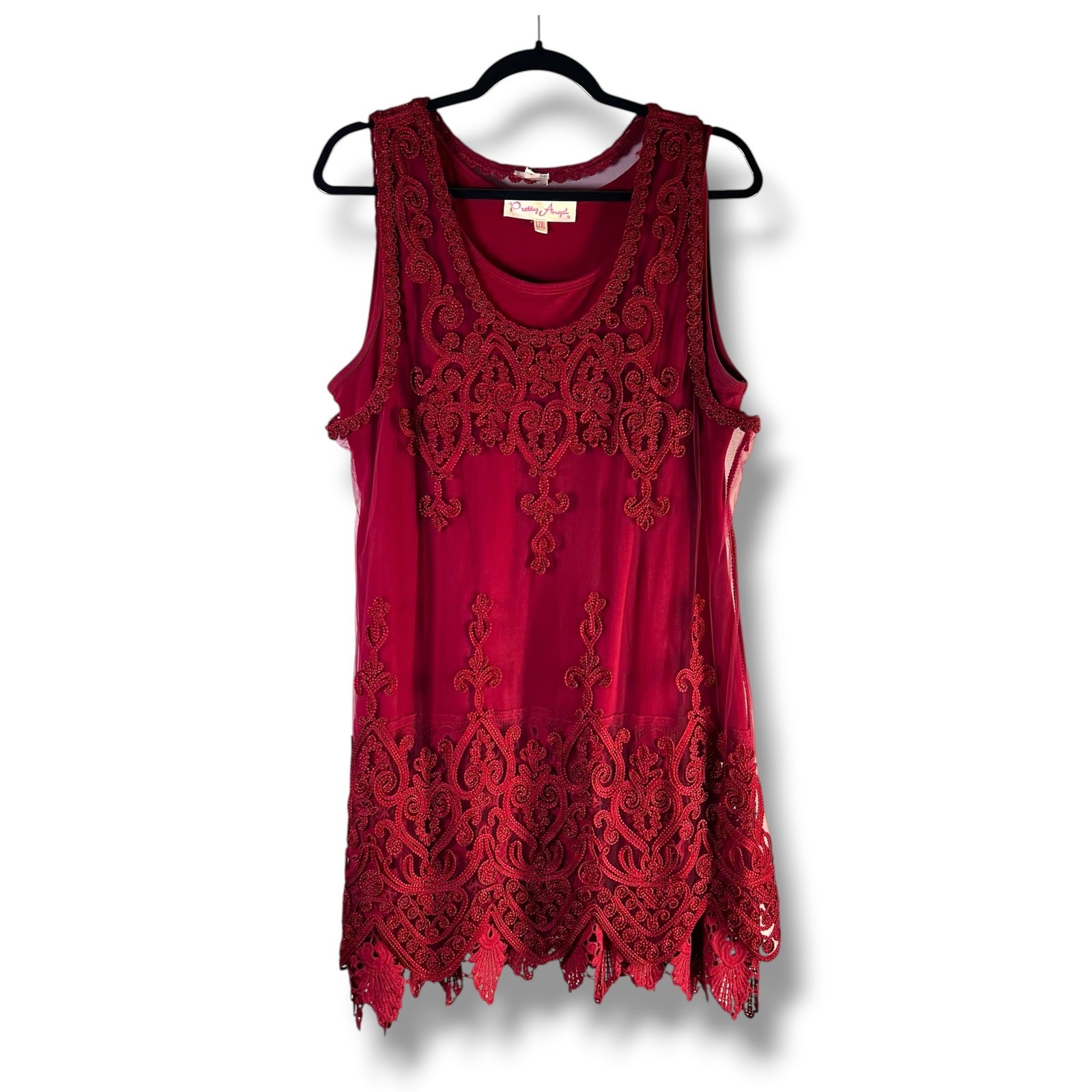 Pretty Angel Womens Sz L/XL Tank Top Burgundy Lace Mesh Overlay Cami Tunic Y2K
