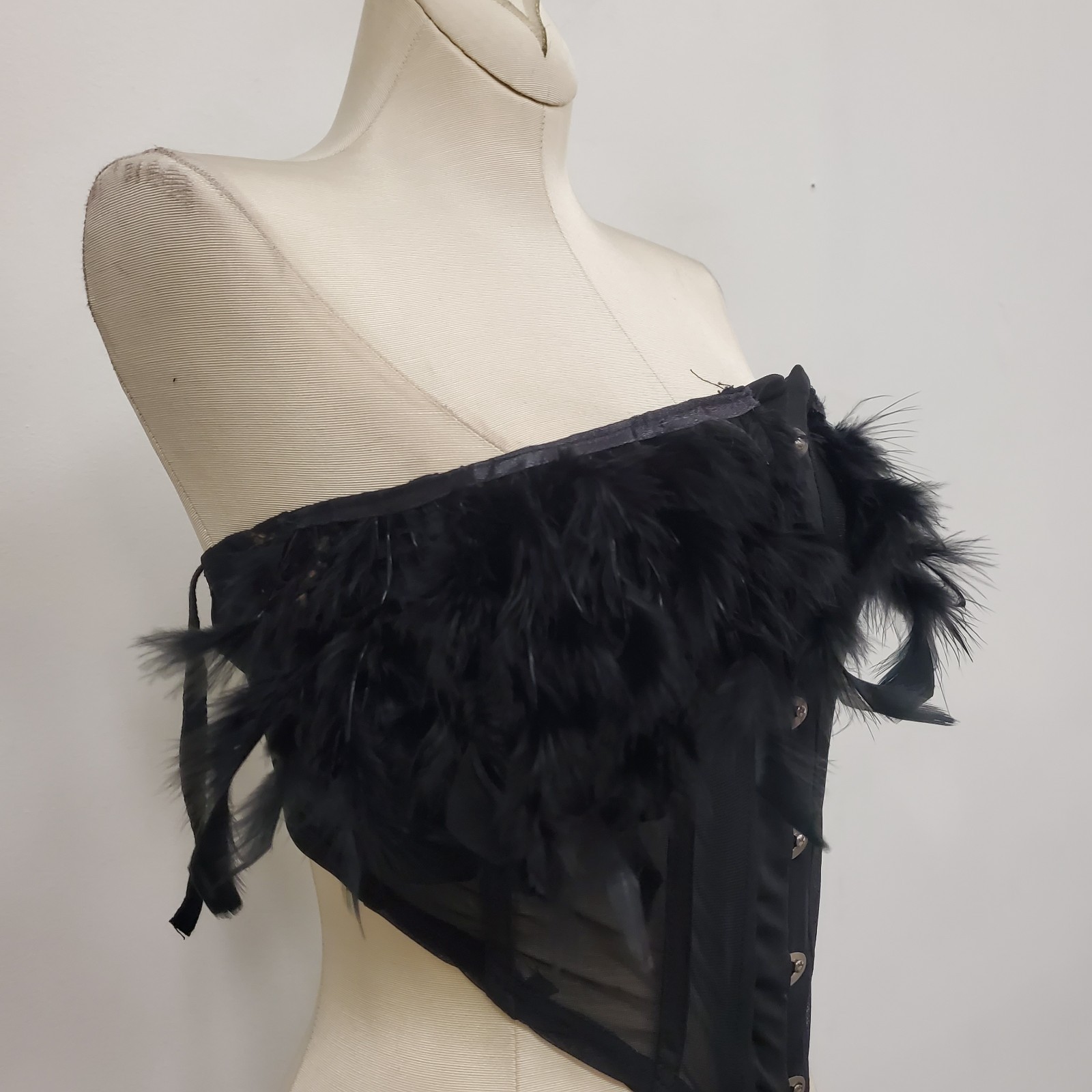 Feather Black Corset Top Size M Glam Art to Wear Avante Garde Witchy Cosplay