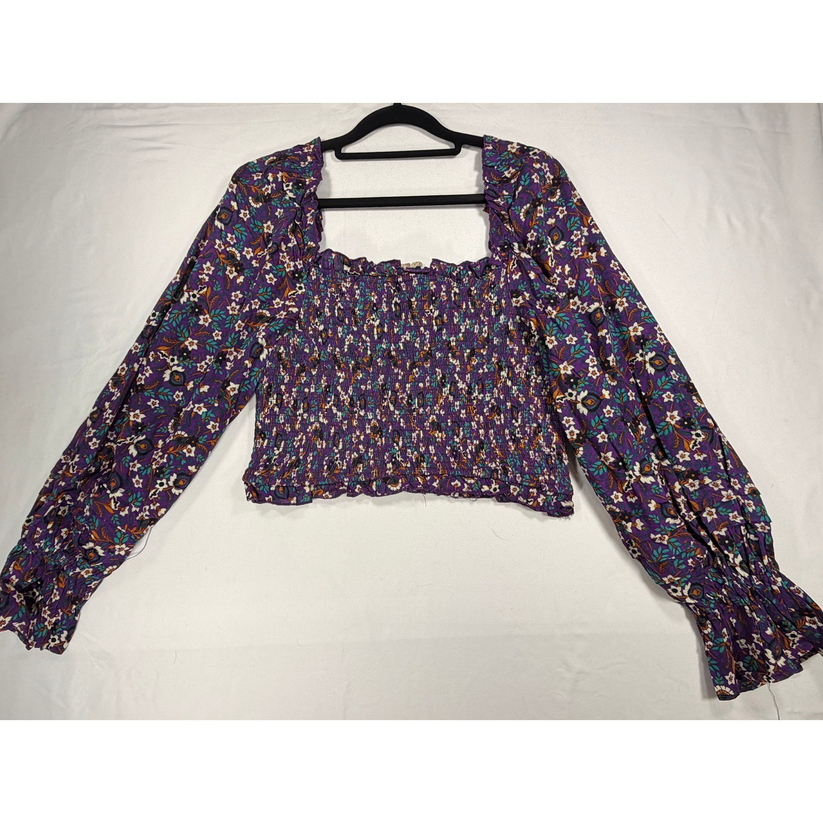Band of the Free Smocked Blouse Womens Medium Purple Ivory New Floral Boho Top