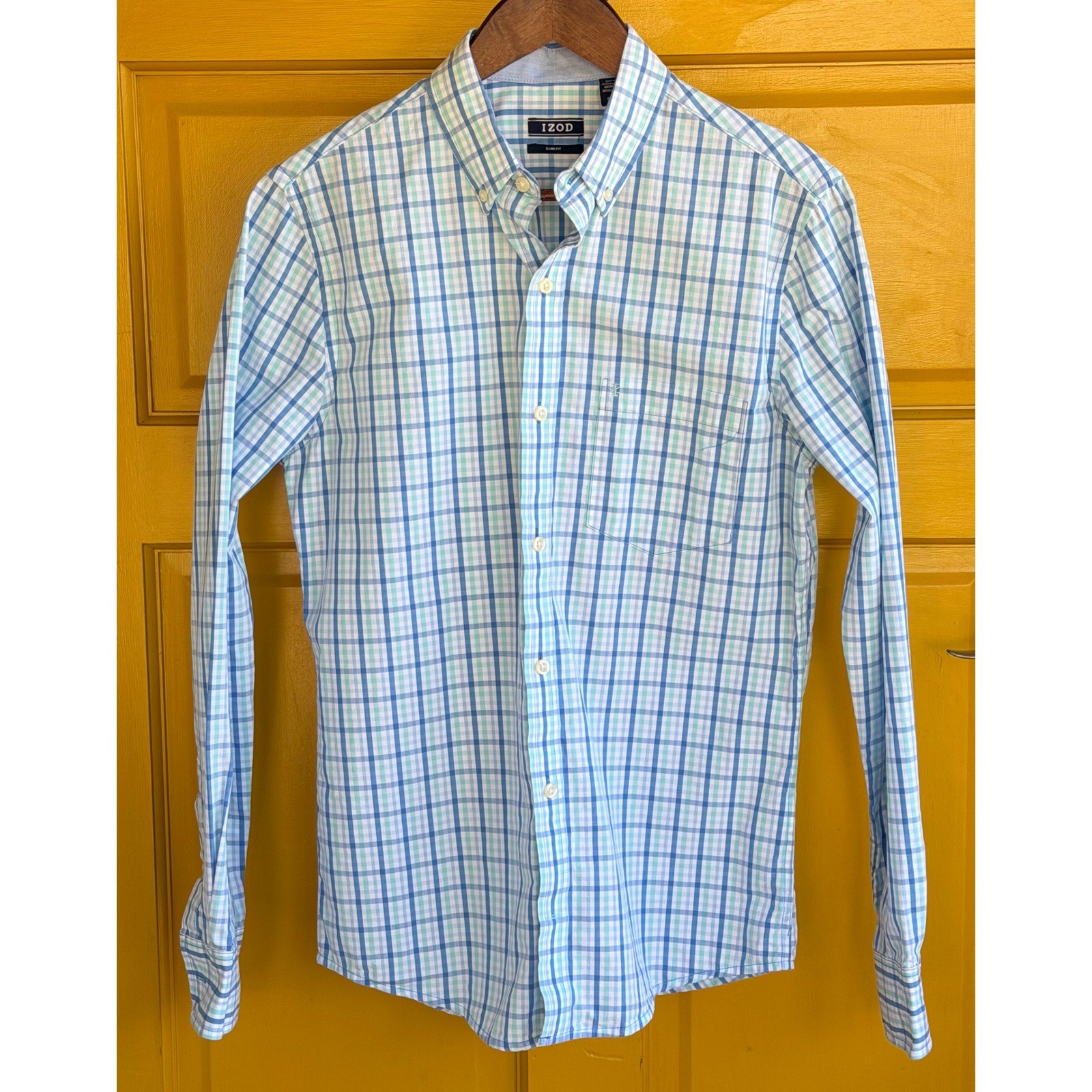 IZOD Slim Fit Plaid Button Down Shirt Blue Green Check Small