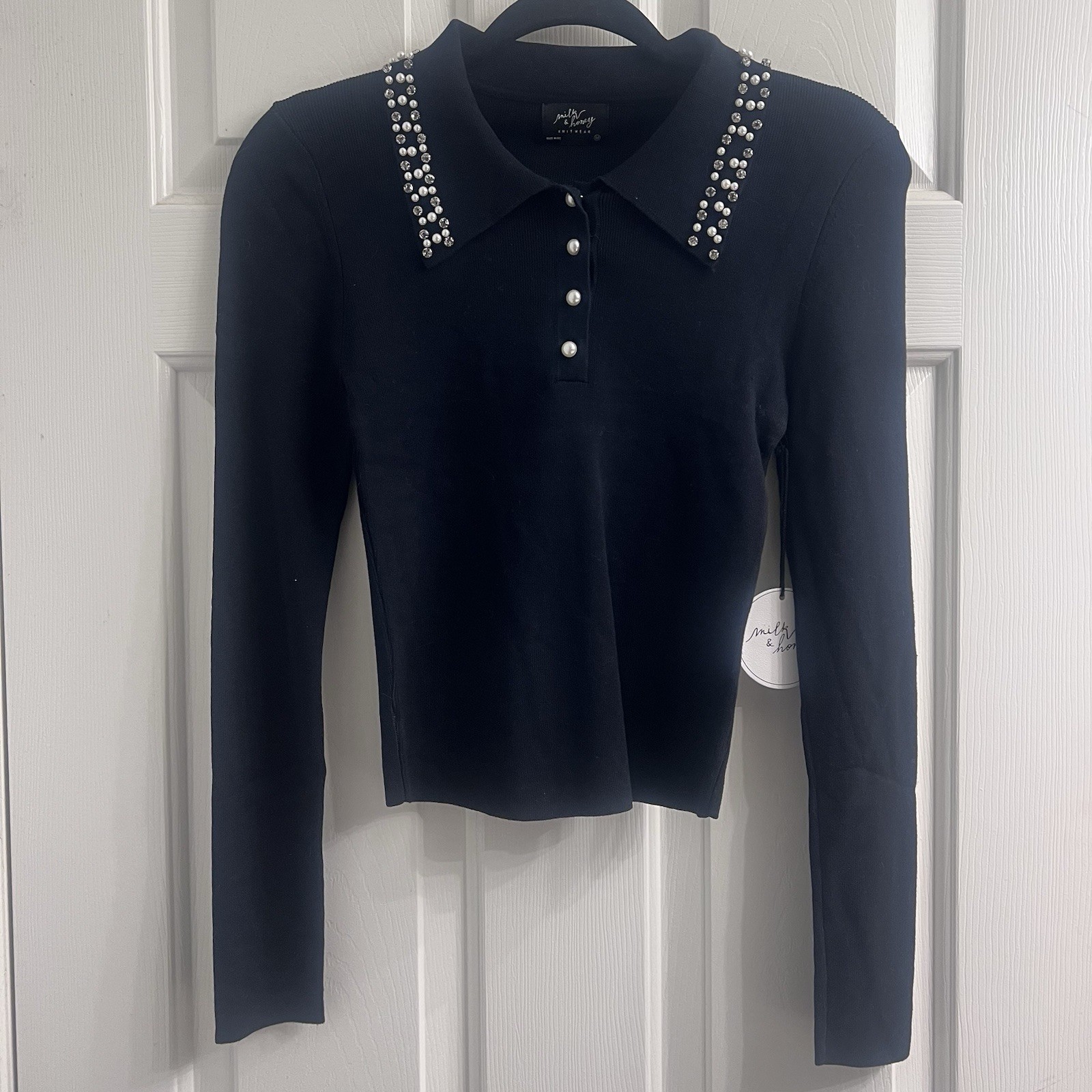 Melody & Harmony Women’s Black Embellished Knit Top Pearl Buttons Rhinestone M
