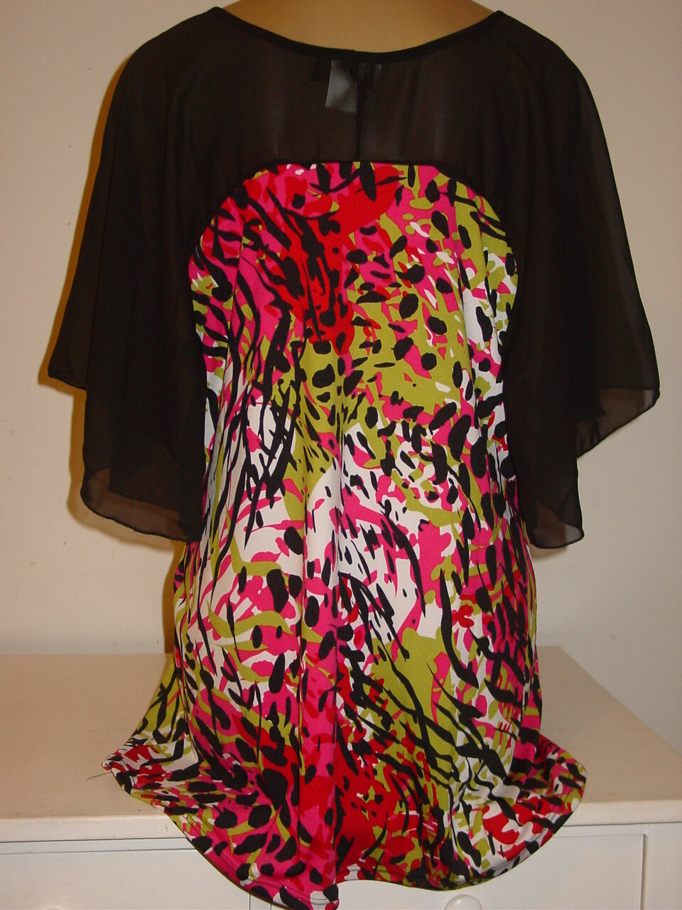 D.J. Summers Pink Black Abstract Leopard Print Slinky Tunic Top Sheer USA-XL NEW