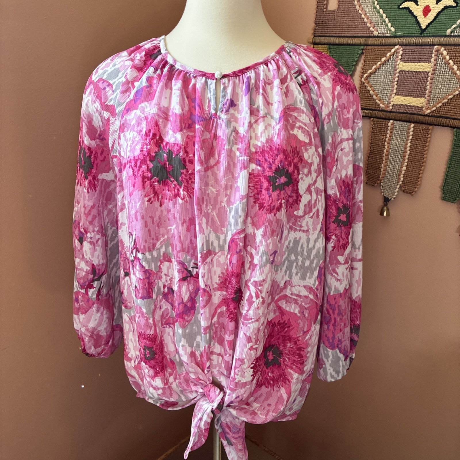 Women Large Feminine Pink Floral Blouse Spring NWT career dressy church Easter
