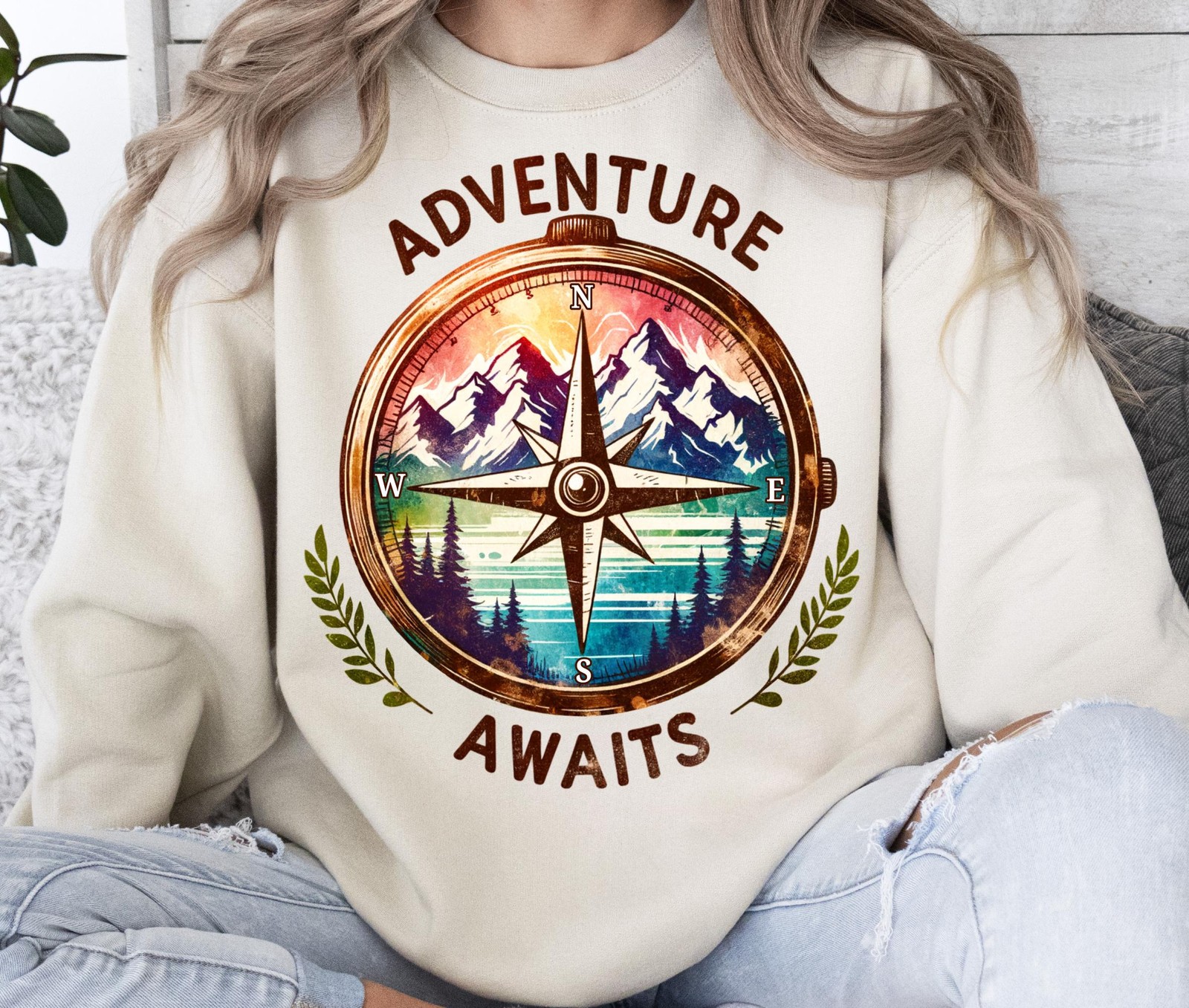 Adventure Awaits Compass T-Shirt Hiking Nature Mountains Travel Outdoor Tee Gift