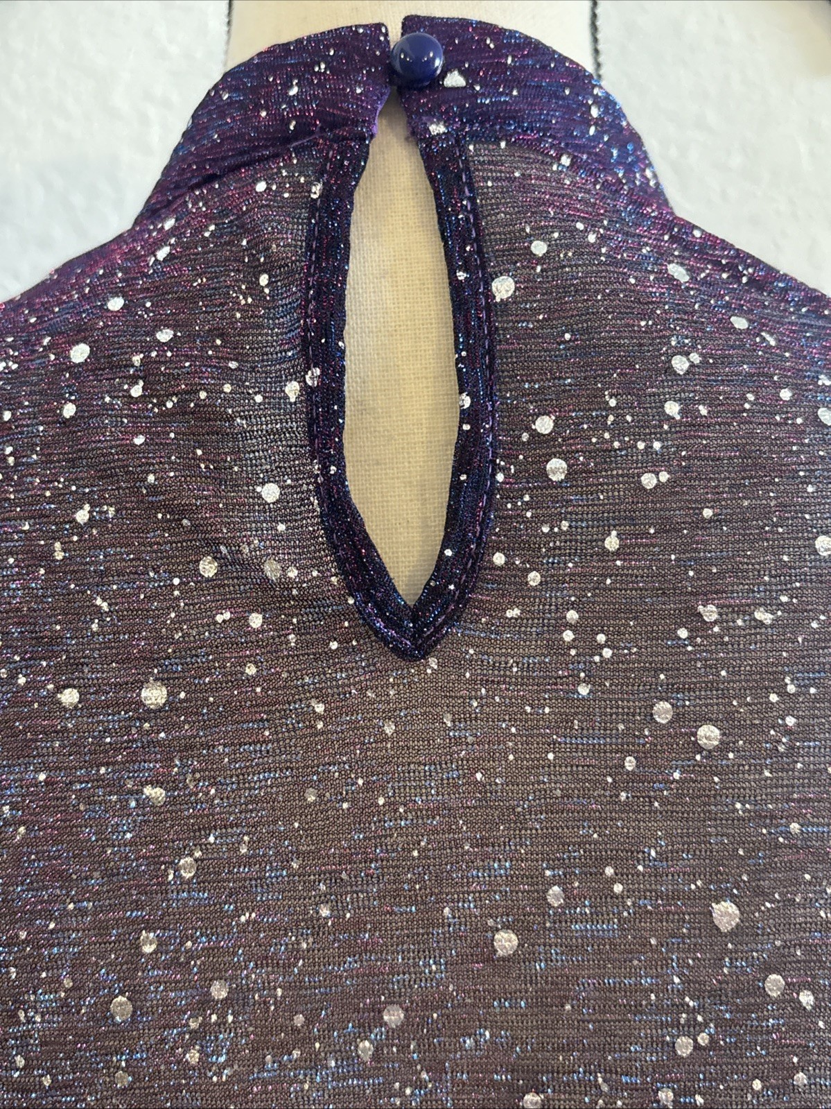 Shein Blouse Sheer Long Sleeves W/Shiny Silver Polka Dot Purple Size 4