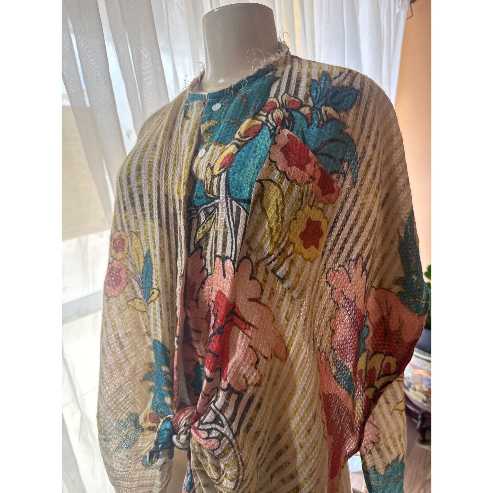 Free People Floral Striped Button Down Tie Front Top Oversized Boho Blouse Large