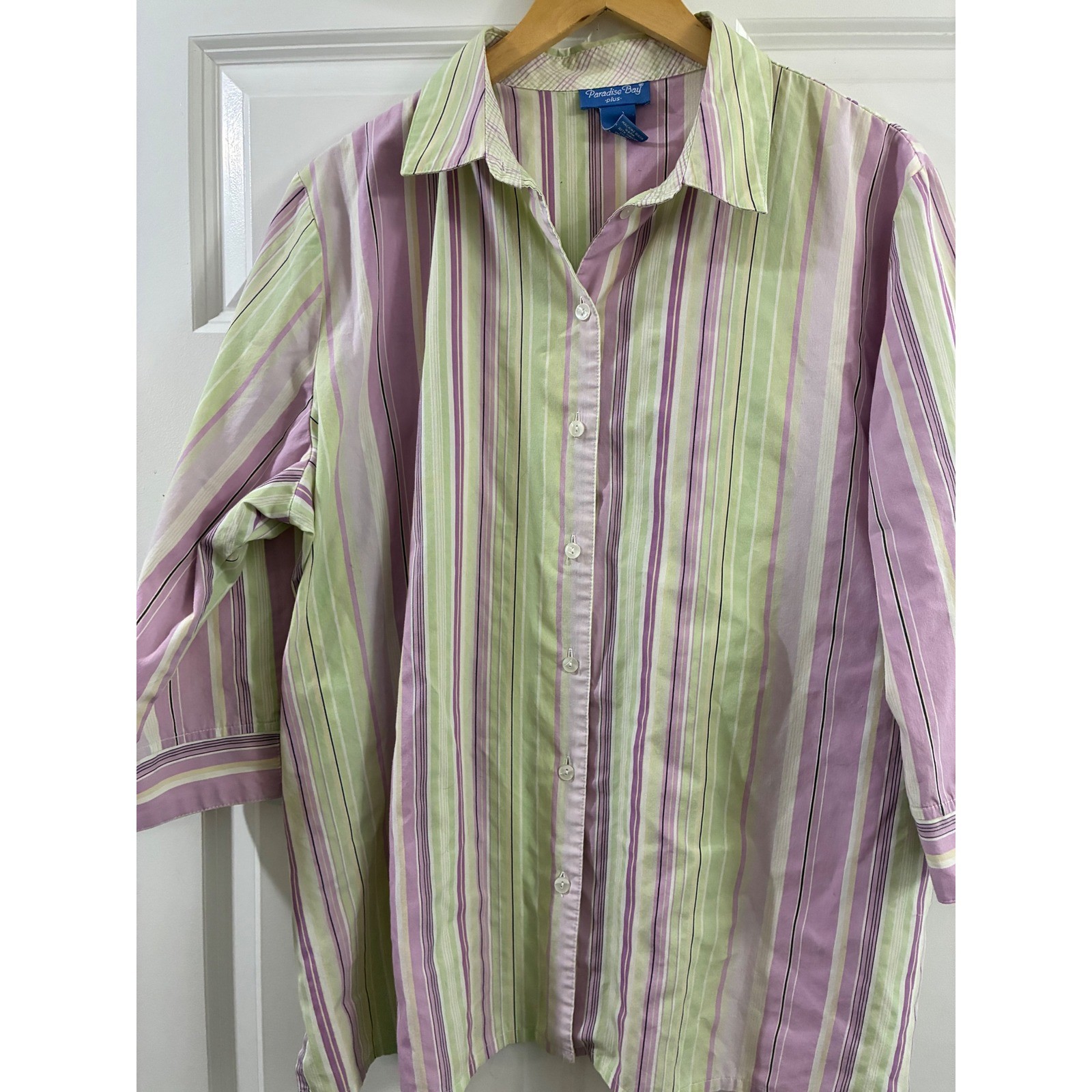 Paradise Bay Plus Womens 20W Striped Button Down Shirt Green Purple 3/4 Sleeve