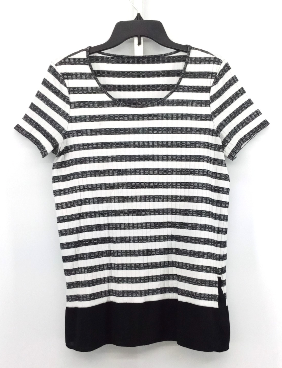 Womens Shirt Large White Gray Striped Ribbed Texture Short Sleeve Sheer Hemline