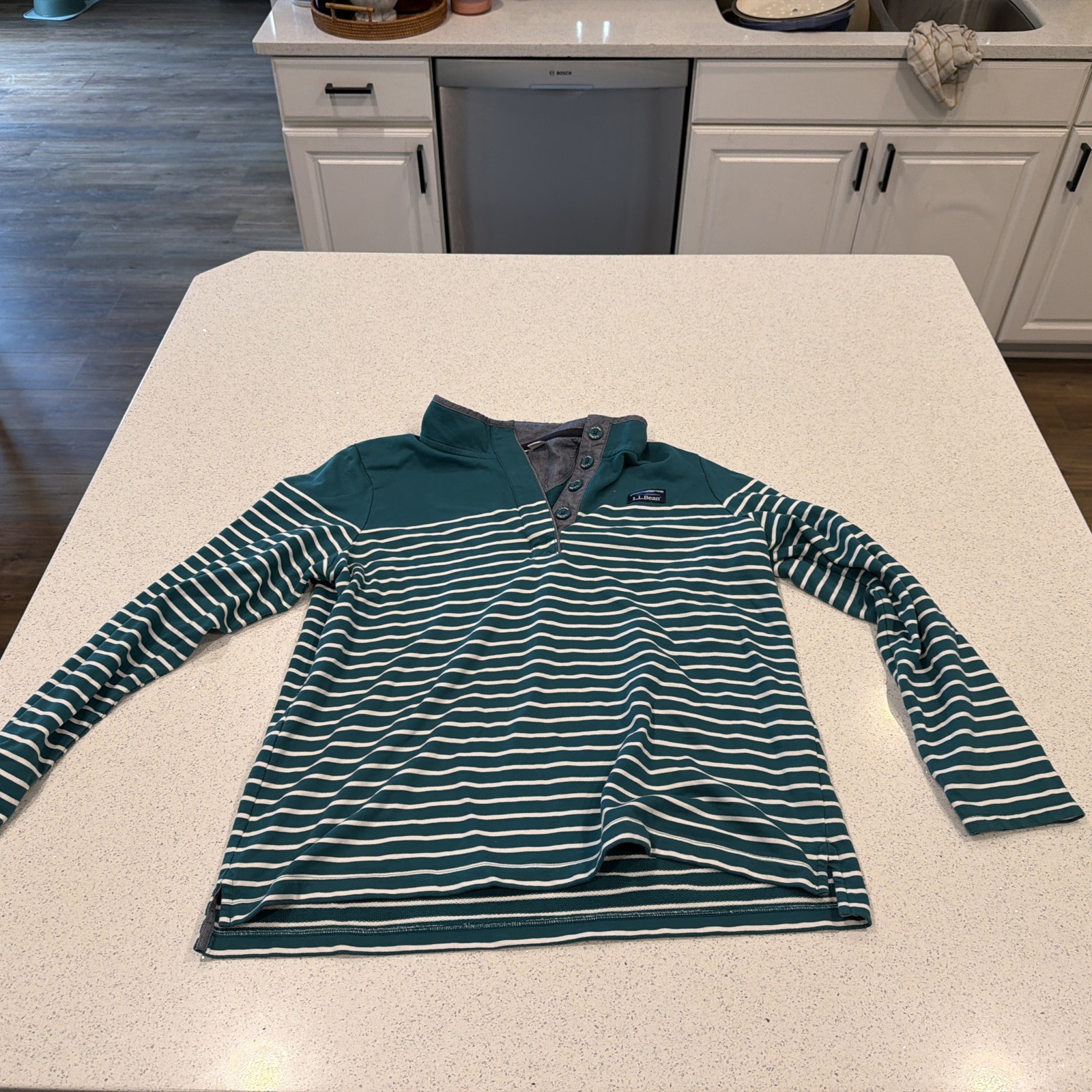 LL Bean Rugby Shirt Womens Xl 1/4 Button Teal Striped Long Sleeve