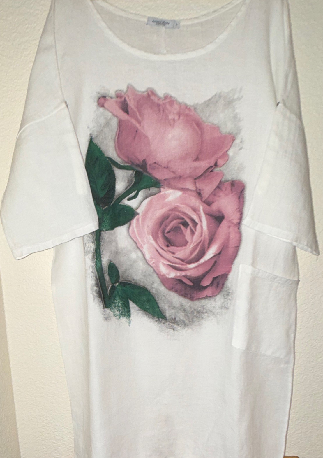 Angela Mara Women’s Linen Floral Tunic Top White Pink Green Pullover L