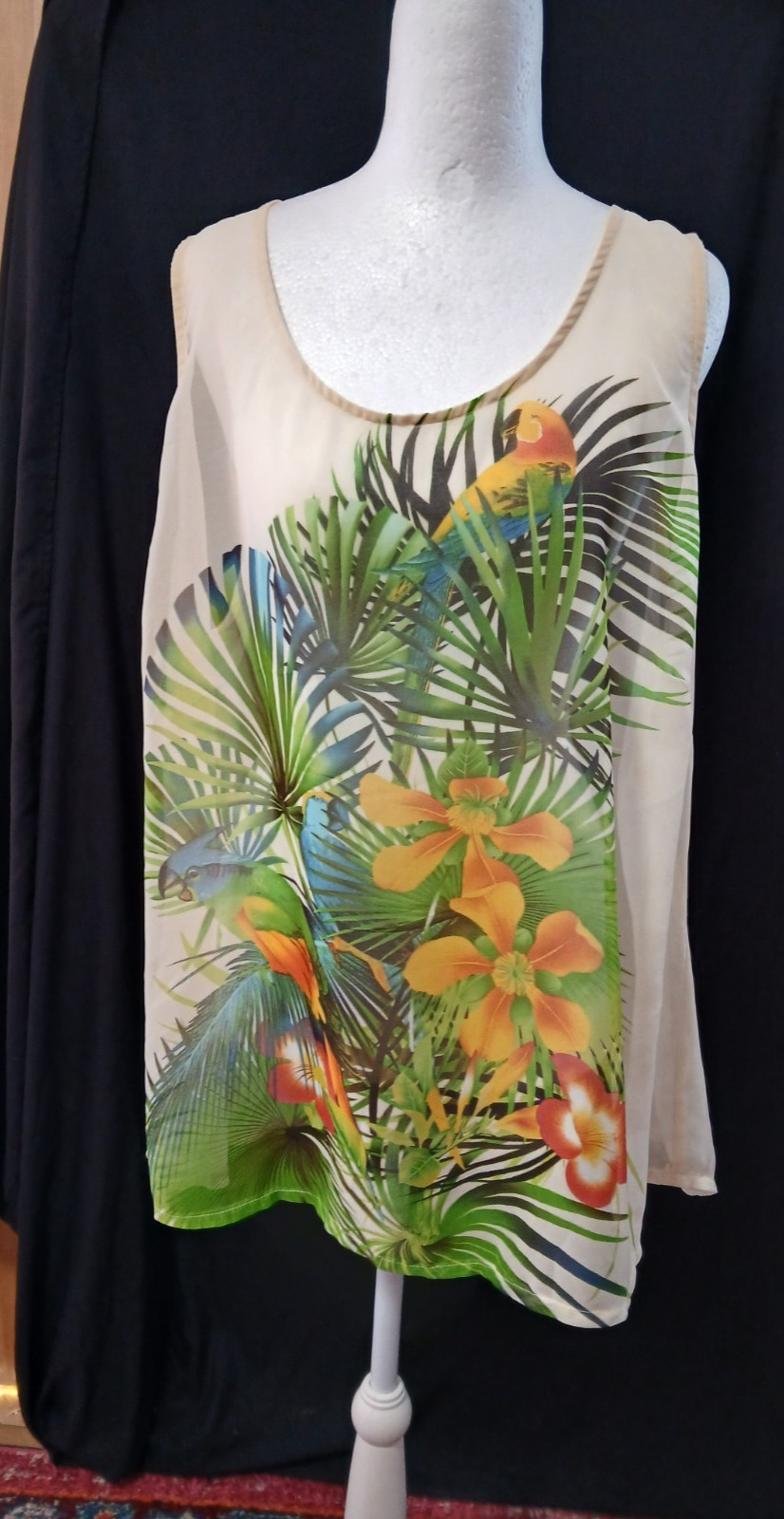 Nue Options Women Sleeveless Sheer Parrot Tropical Blouse 1X NWOT