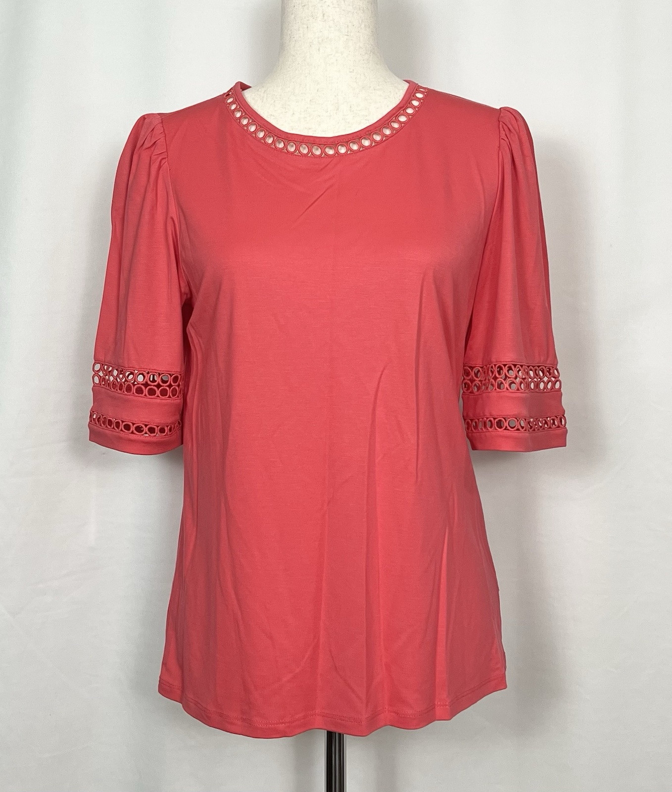 Anne Klein Women’s Harmony Knit Open-Trim Elbow-Sleeve Top Color Red Pear Size M
