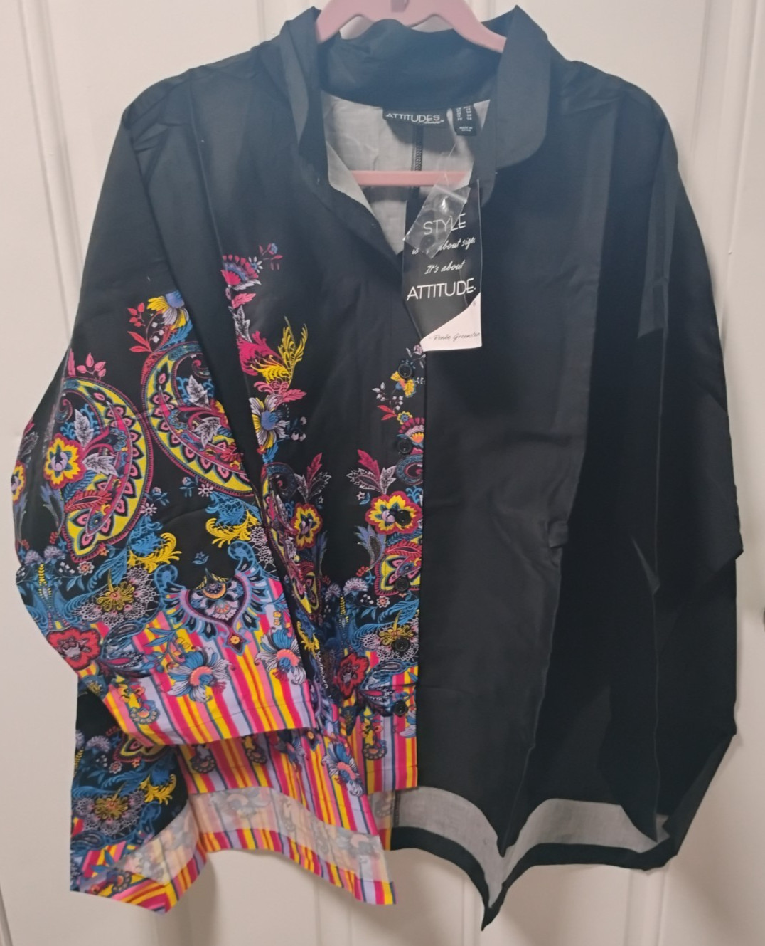 Attitudes by Renee Sateen Button Front Shirt w/ Printed Panel NWT A370770