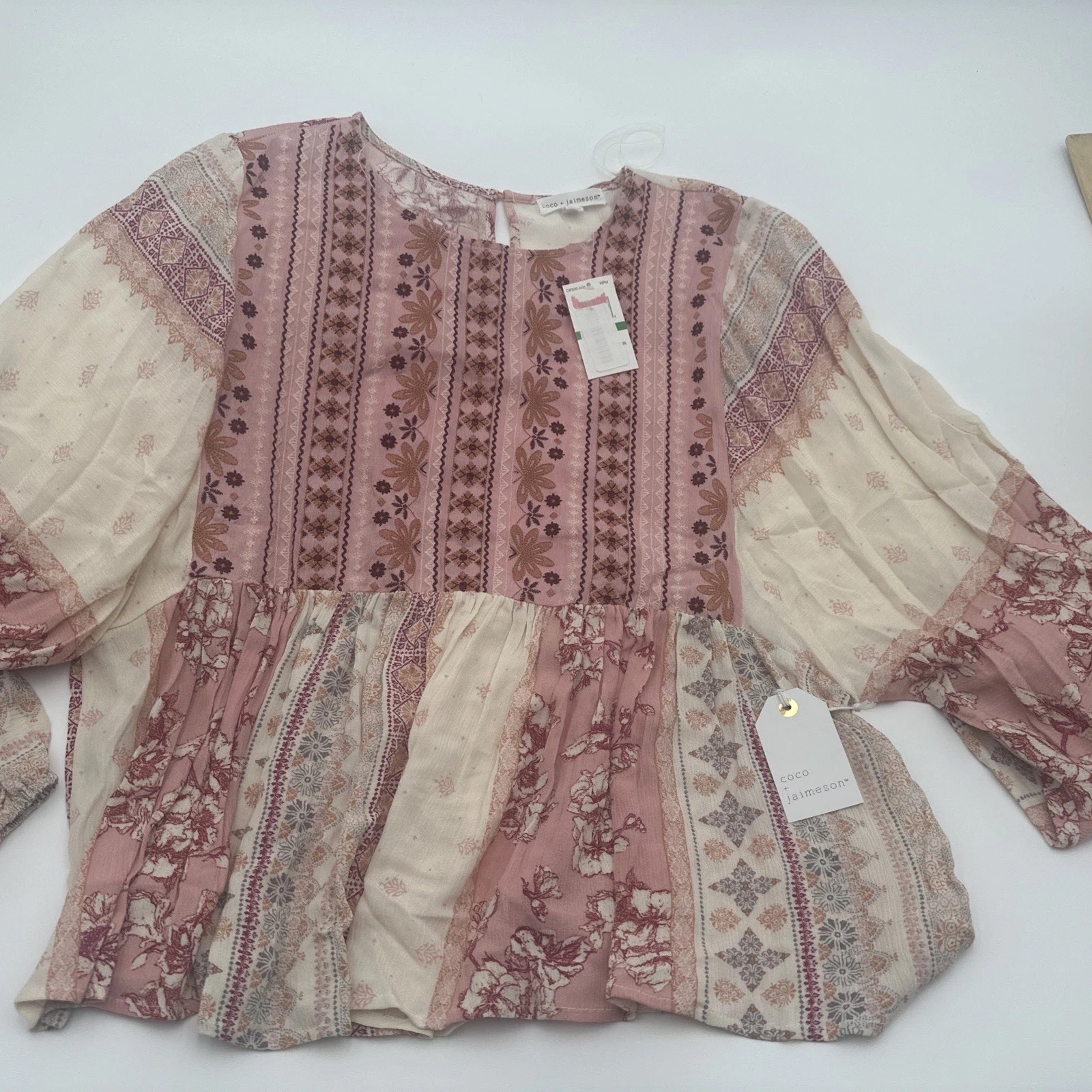 NWT Coco + Jaimeson Long Sleeve Boho Floral Embroidered Blouse Large Flowy(4001)