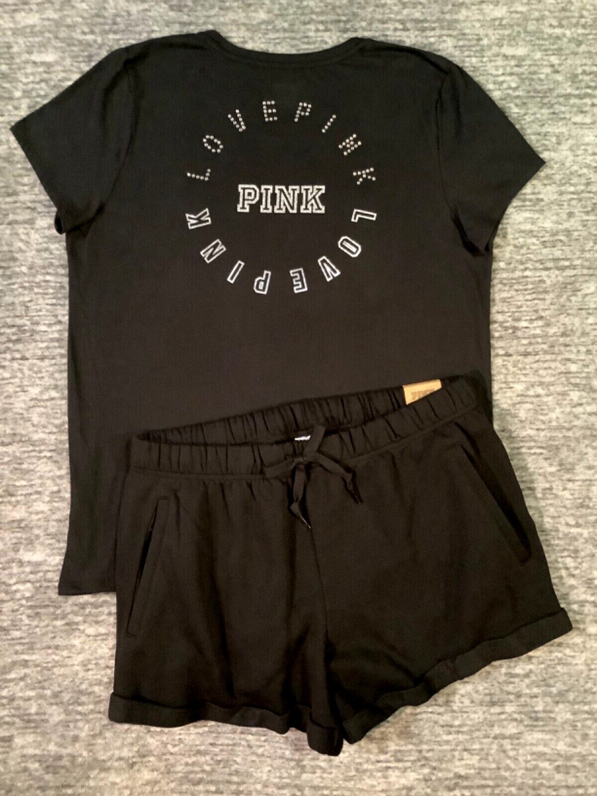 Victoria’s Secret Pink Bling Rhinestone Tee Shirt + Shorts Set Black Silver XL
