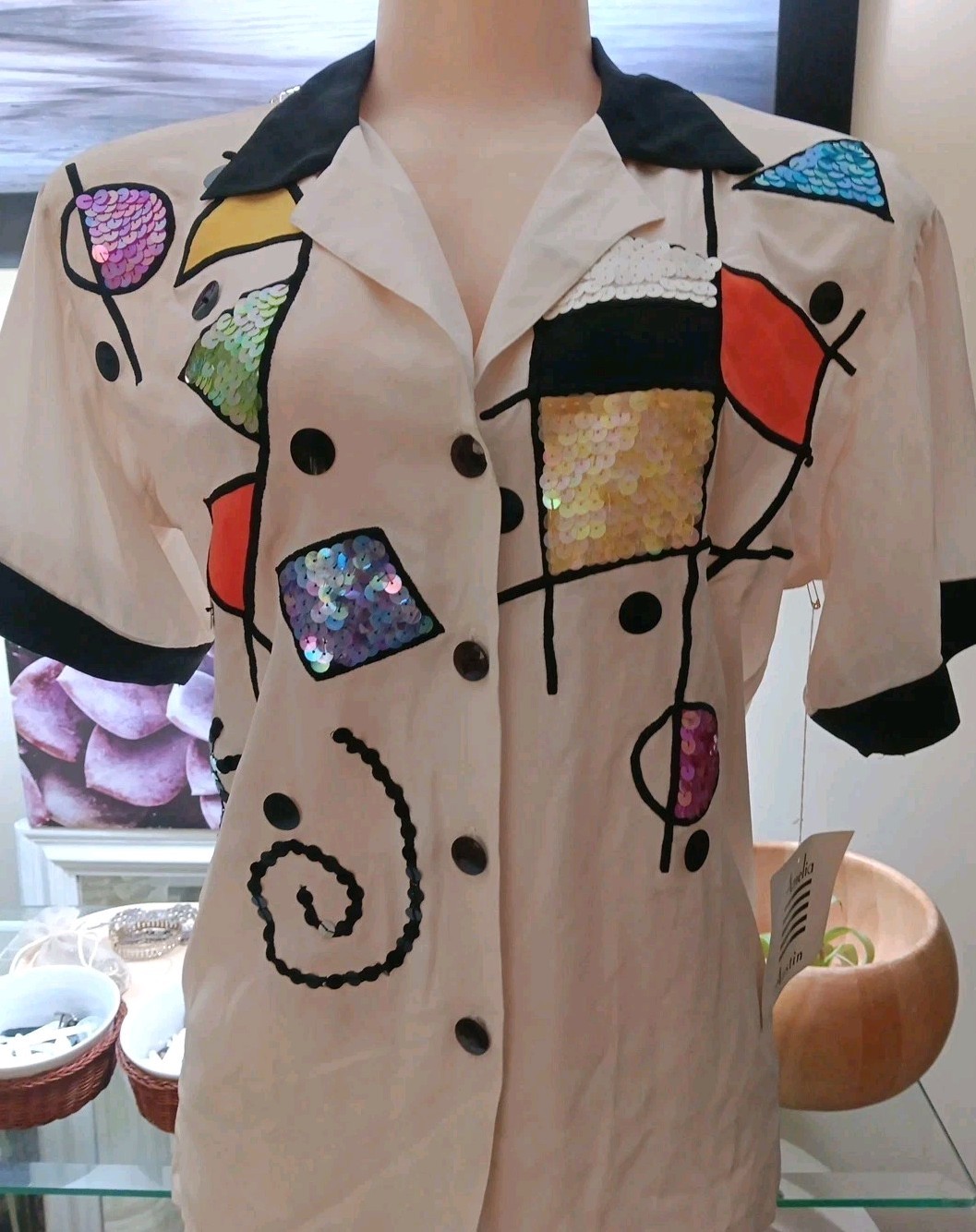 Amelia Austin Cream Silk Button Shirt Blouse NWT sequin Embellished Sz 4 DEFECT