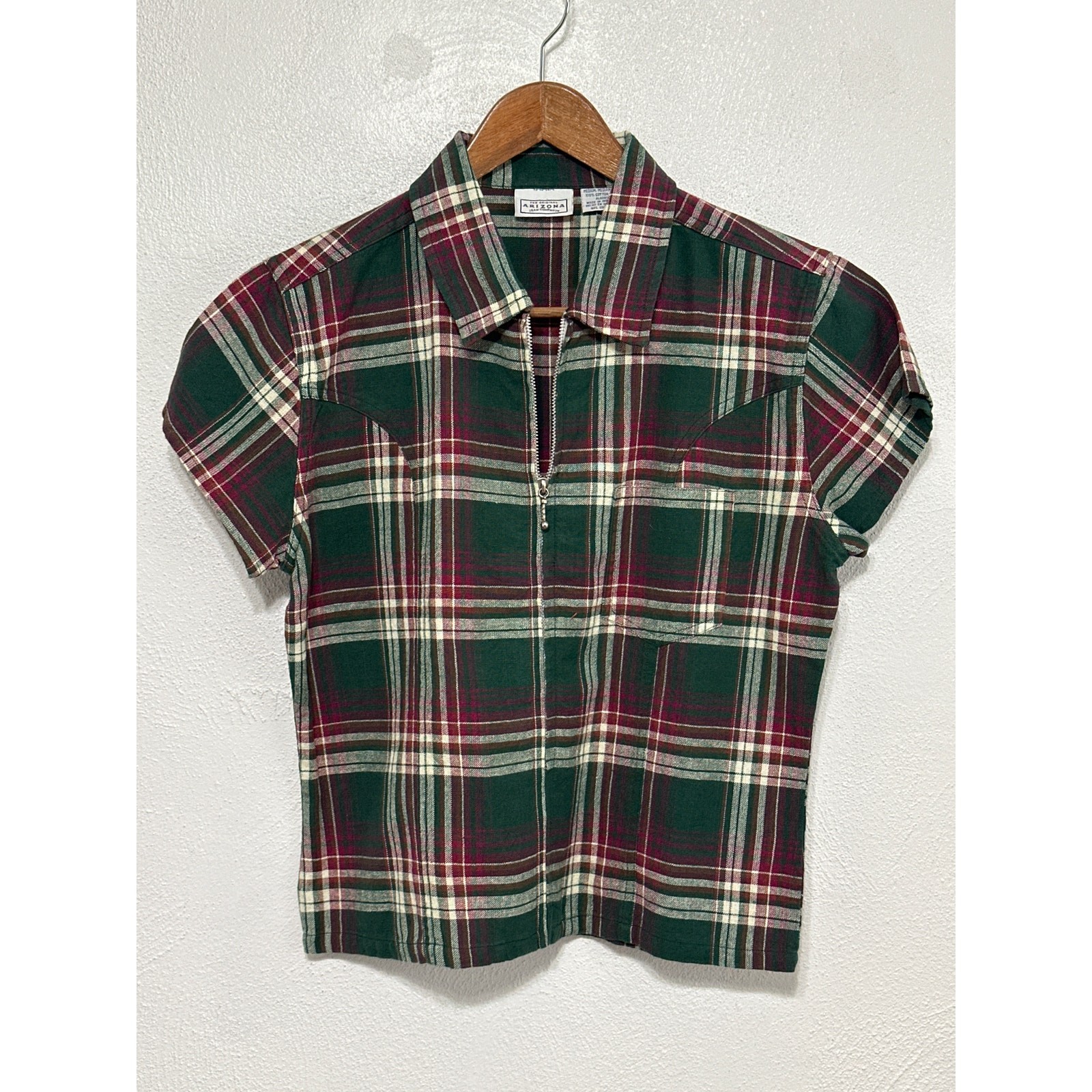 Arizona Jeans Zip Plaid Shirt M Green Burgundy Classic Preppy Country Western