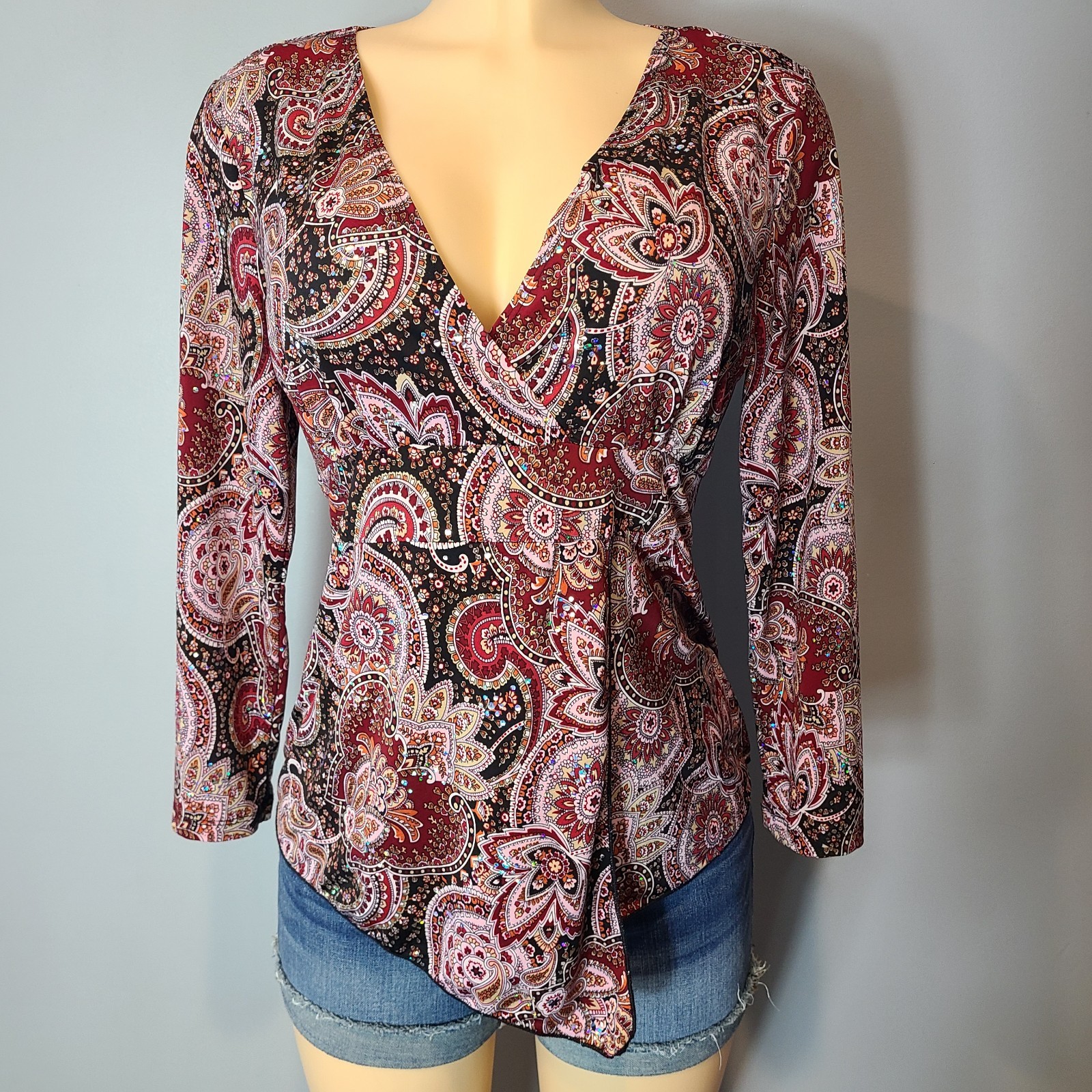Vtg Y2K Paisley Babydoll Top Sz M Festival Urban Fairy Grunge Boho Asymmetrical