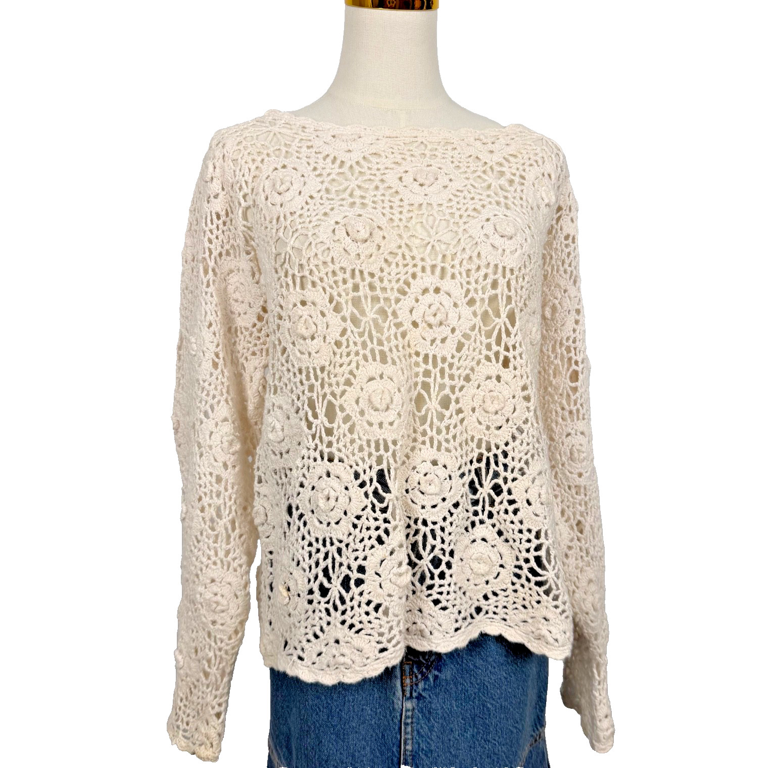 REFERENCE POINT Vintage Sweater M Crochet 90s Y2K Flower Boho Cream Cut Out