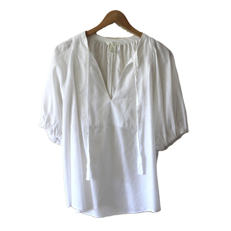 H&M Linen & Cotton Blend Tie-Neck Balloon-Sleeve Blouse in Crisp White (XL)