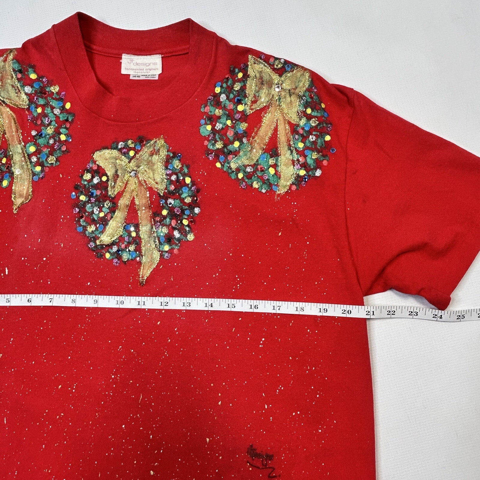 Vintage Hawaii Hand Painted Christmas T Shirt Splatter Bling Single Stitch XL
