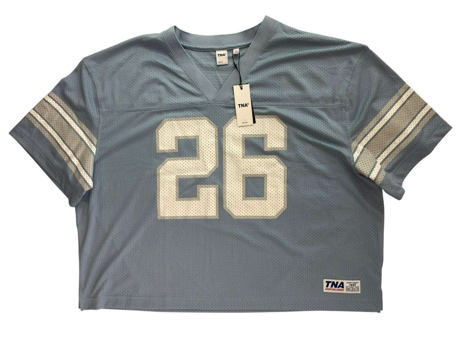 TNA x Aritzia Endgame Football ’26’ Mesh Blue White Jersey V-Neck Wmn’s Sz L NWT