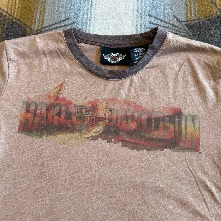 Vintage Y2K Women’s Harley Davidson Biker T-Shirt Size Large Motorcycle Brown