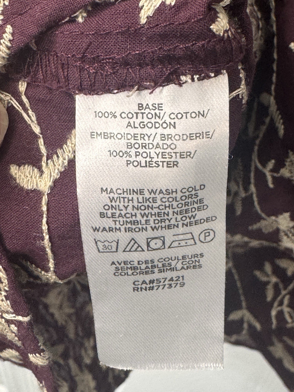 Ann Taylor Medium Embroidered Cotton Blouse Burgundy Floral Ruffle Neck Boho