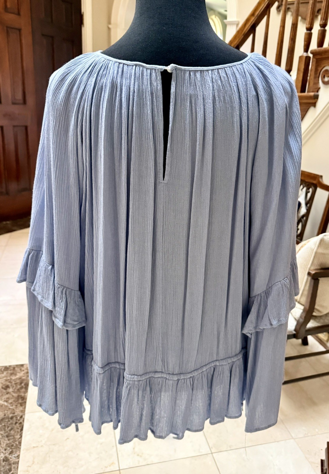 ENGLISH FACTORY BOHO Peasant Blue Billowy Crinkle Blouse Sz S/Fits M – EUC