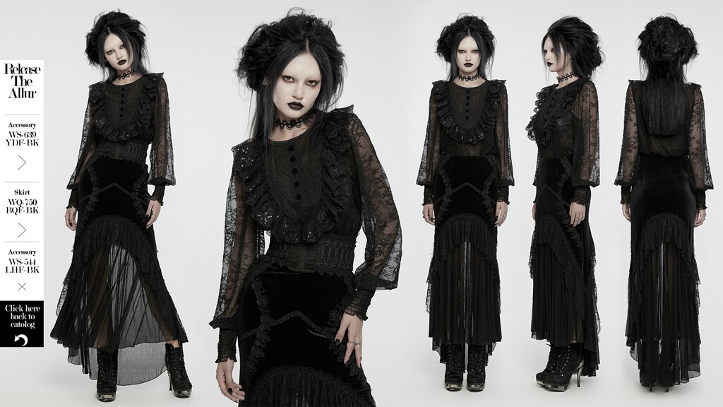 Punk Rave Women Black Gothic Sequin Pleated Ruffle Lace Shirt Vintage Blouse