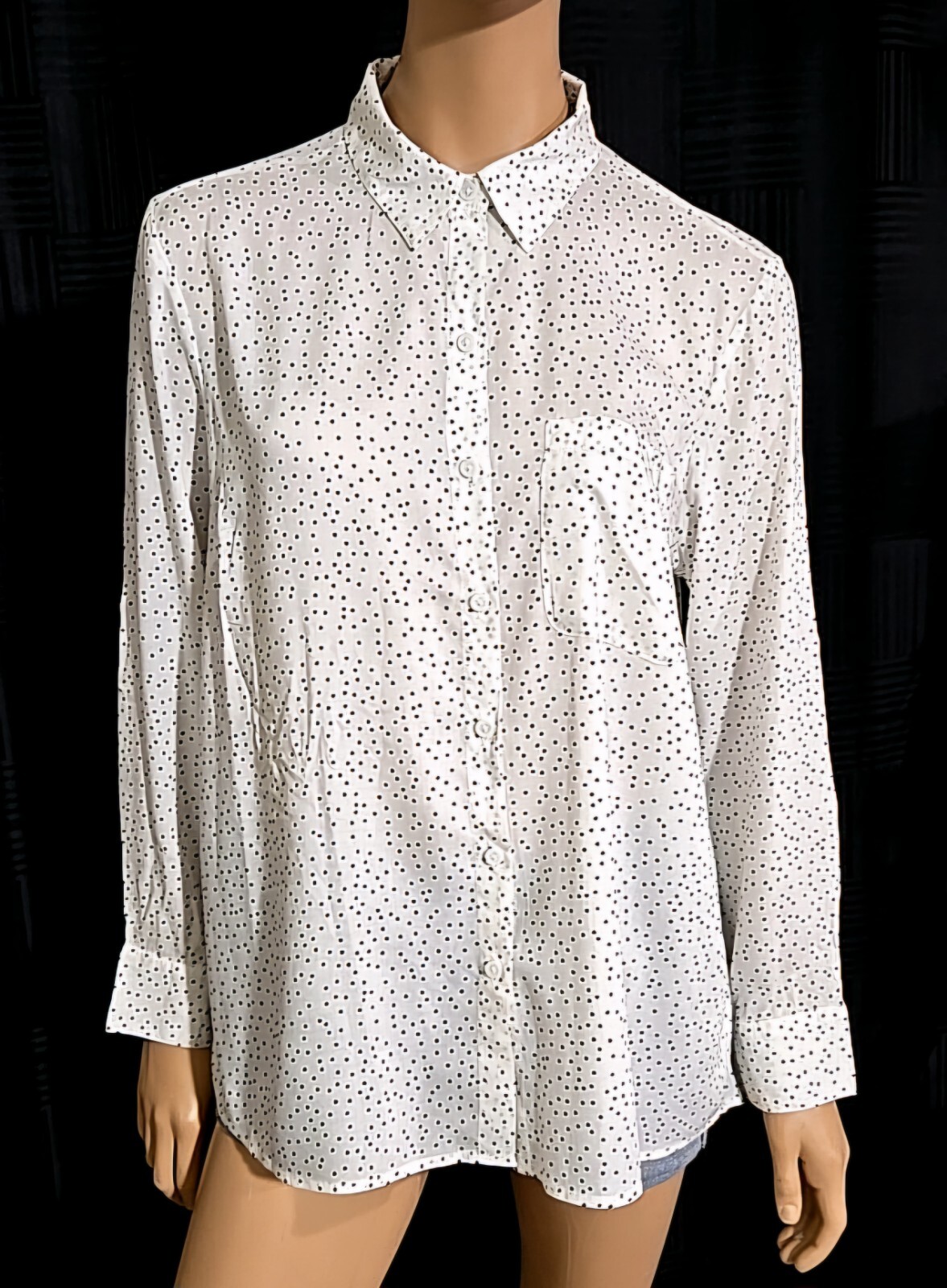 BEACH LUNCH LOUNGE Button Up Roll Tab Sleeve Split Back Shirt Polka Dot sz L/XL