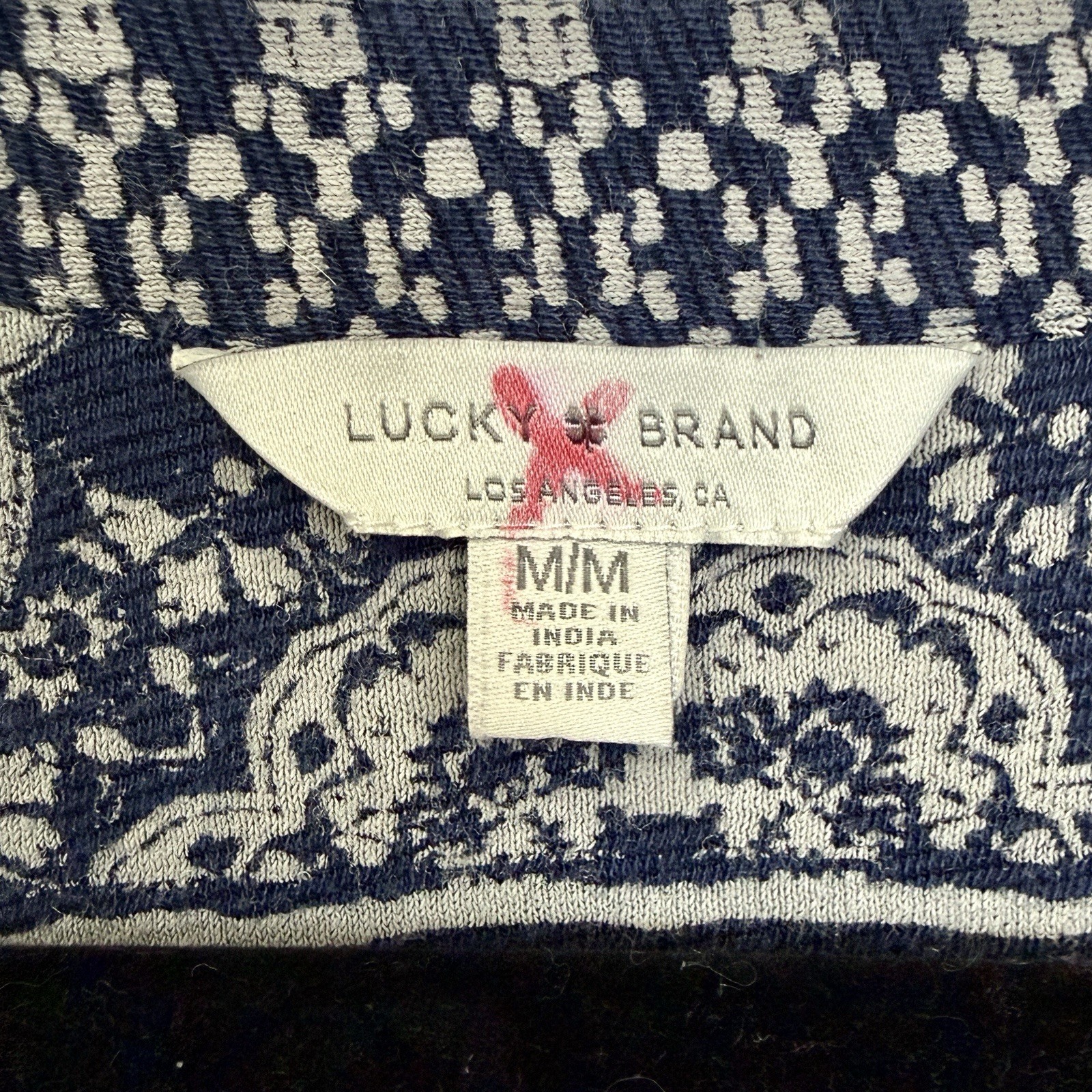 Lucky Brand Size M Navy Boho Print High Low Tunic Top Cotton Viscose Linen Blend