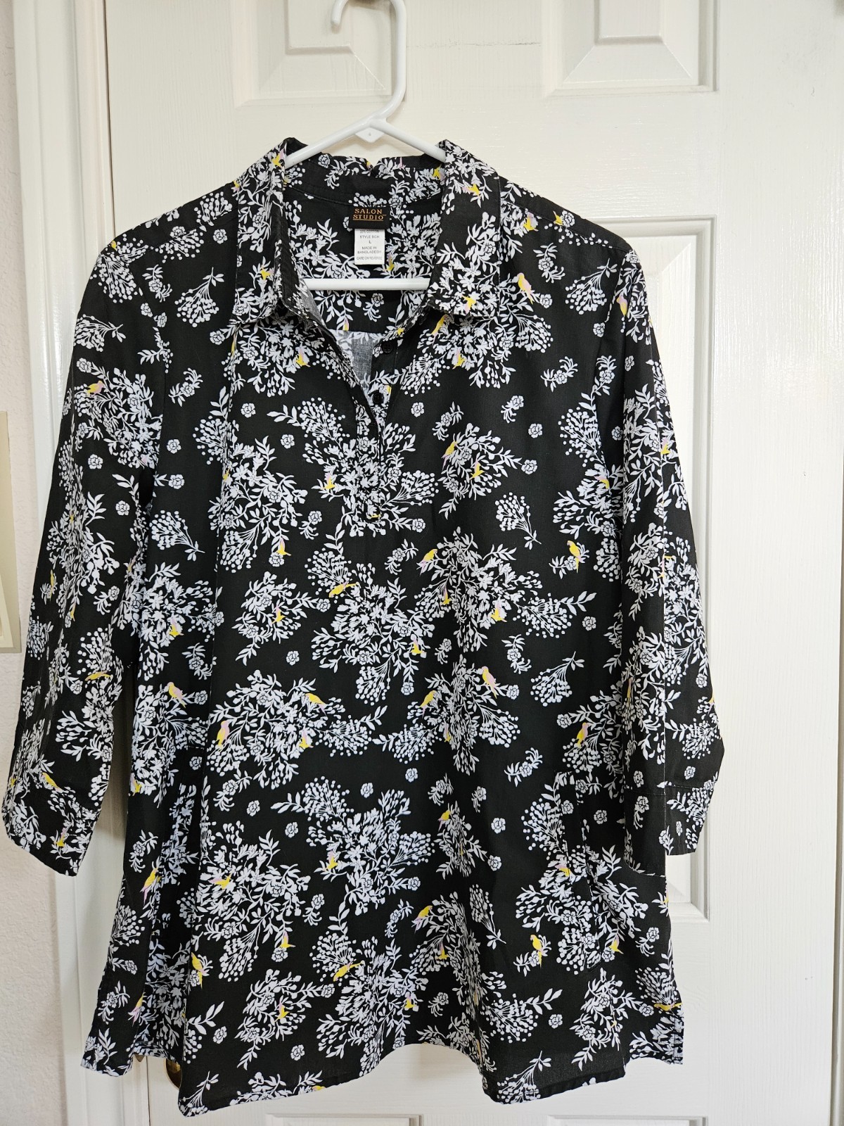 SALON STUDIO FLORAL BIRD PRINT 3/4 SLEEVE CASUAL TUNIC SIZE LARGE