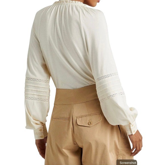 Lauren Ralph Lauren Long Sleeve Embroidered Tie-Neck Top