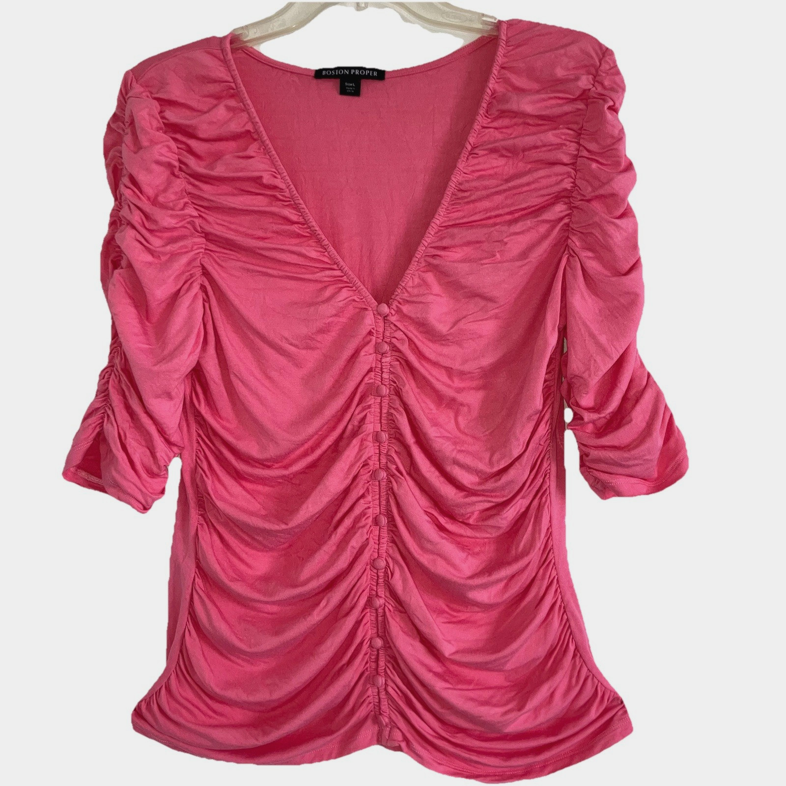 BOSTON PROPER size L Rose Pink Slimming Smooth Stretch Knit Ruched Shirred Top I