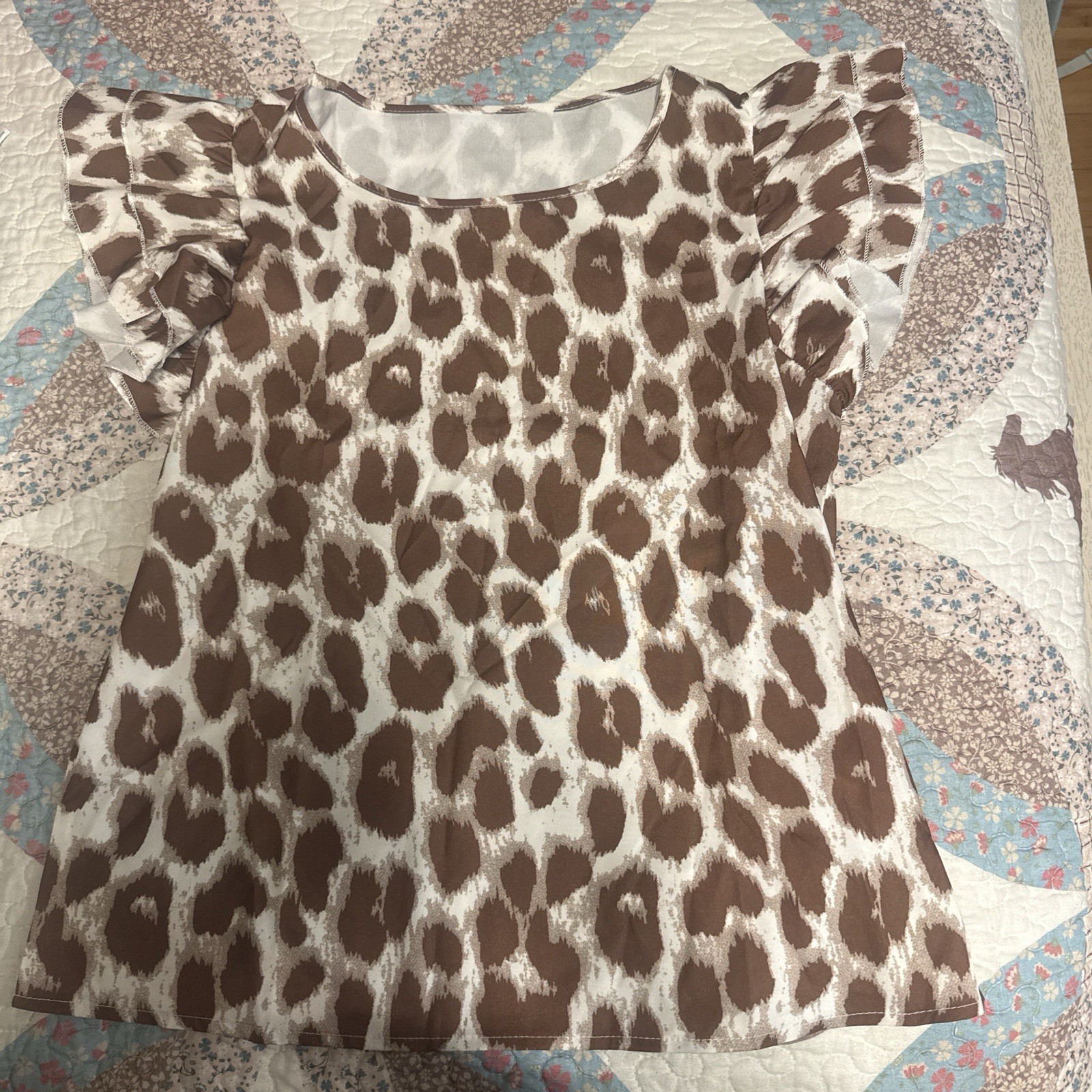 Emery Rose Womens Brown/White Leopard Print Ruffle Sleeve Blouse Top Size S