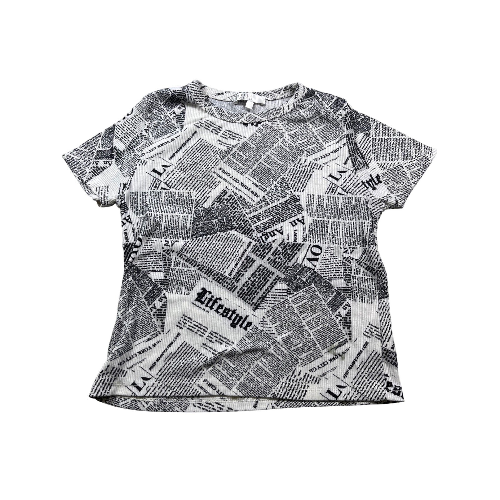 Stella Tweed Newspaper Print Top Women’s Small Black White Graphic Y2K Tee