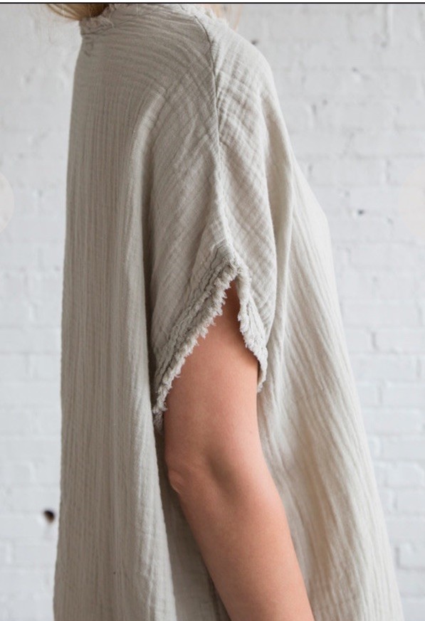 Black Crane Double Gauze 100% Cotton Square Boxy S/S Top Lagenlook OS Color:Sand