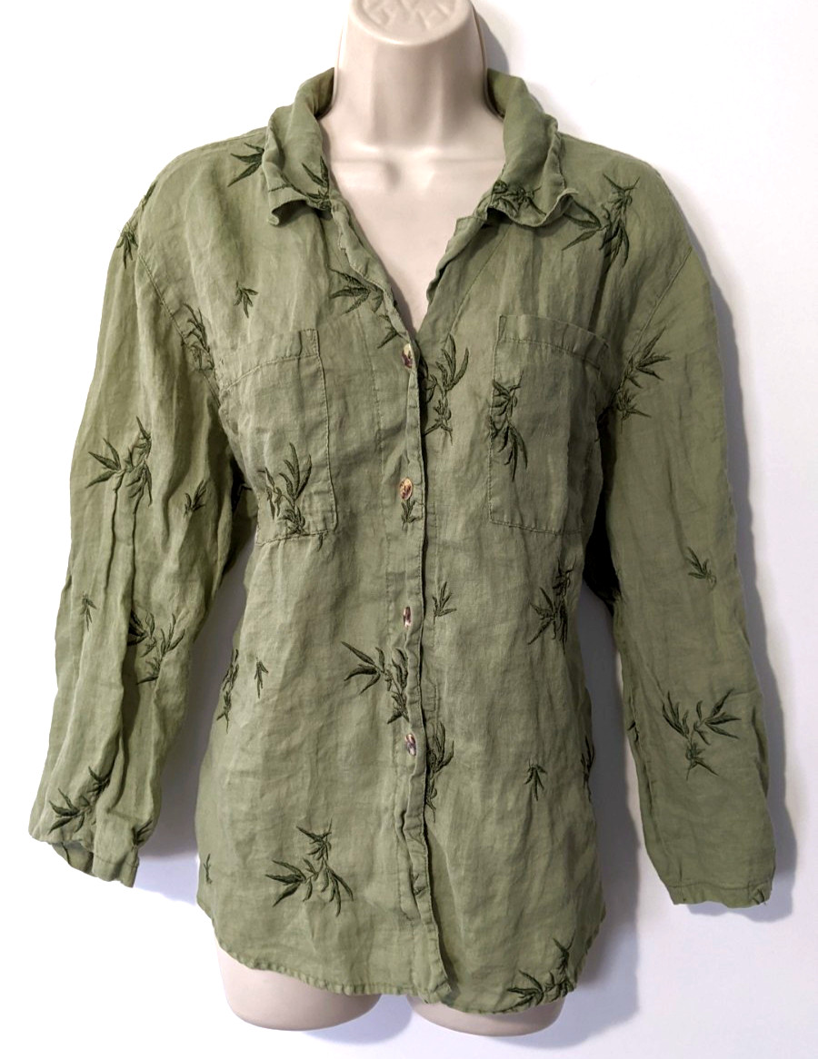 Kleen Women’s Long Sleeve Button Front Shirt Sz L 100% Linen Plants Green EUC