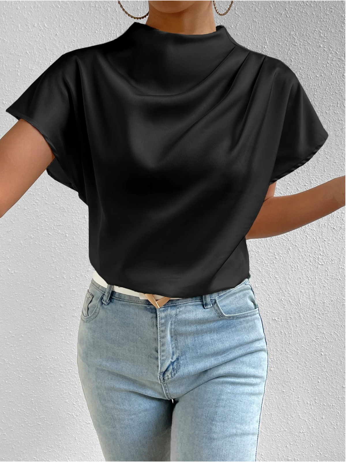 RosyDaze Mock Neck Batwing Sleeve Satin Blouse Short Sleeve Top XS S M L XL XXL