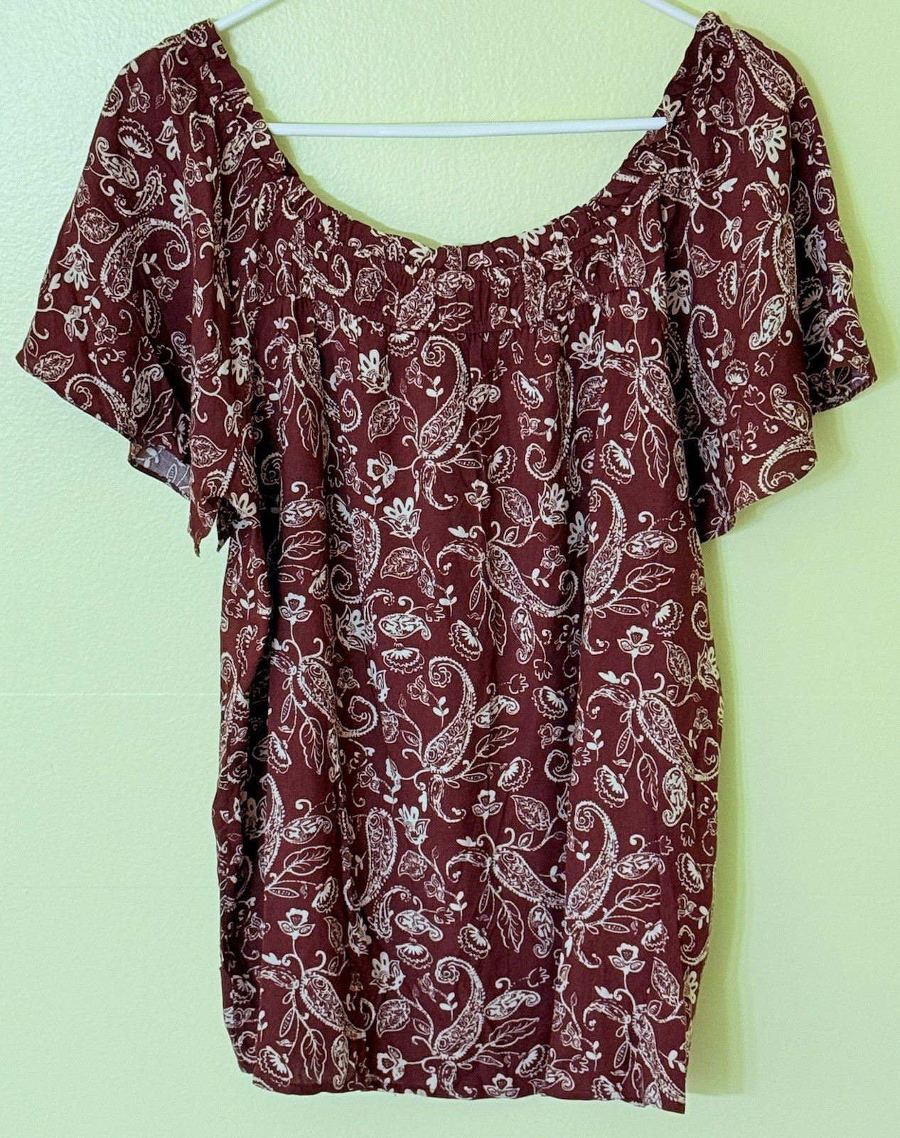 BUNULU Women’s Short Sleeve Peasant Neck Boho Blouse BROWNTAN FLORAL Size L